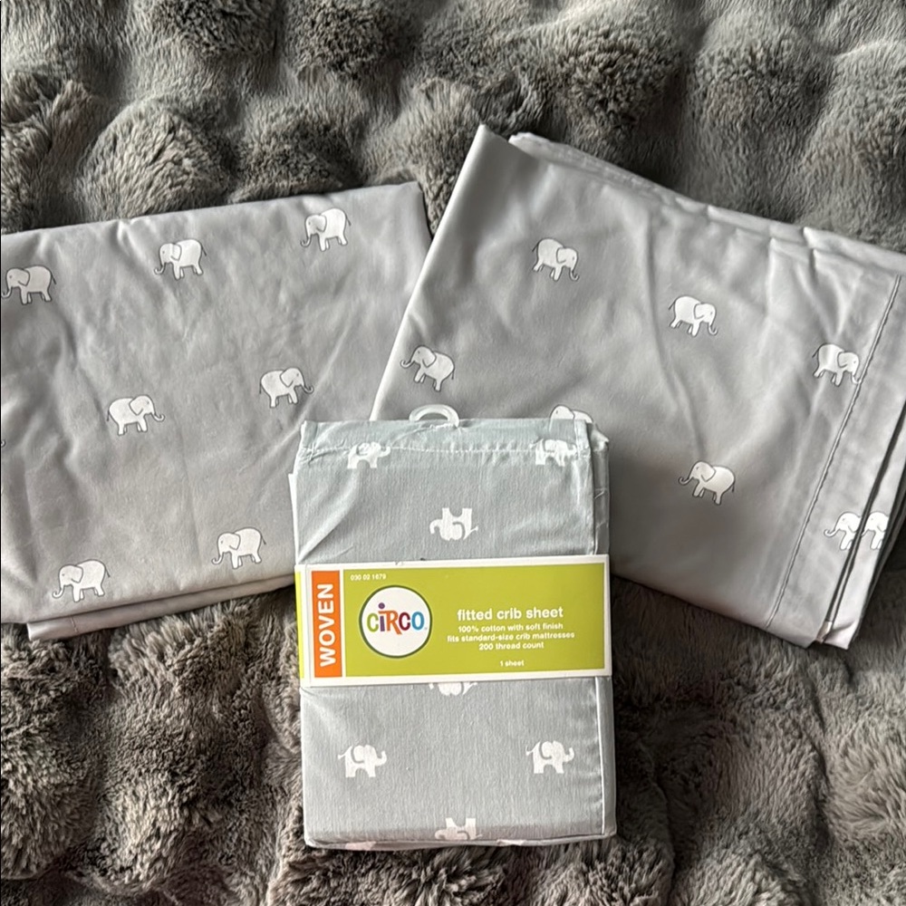 Circo Gray Elephant Silhouette Bedding Sheets and 2 Panel Window Curtains